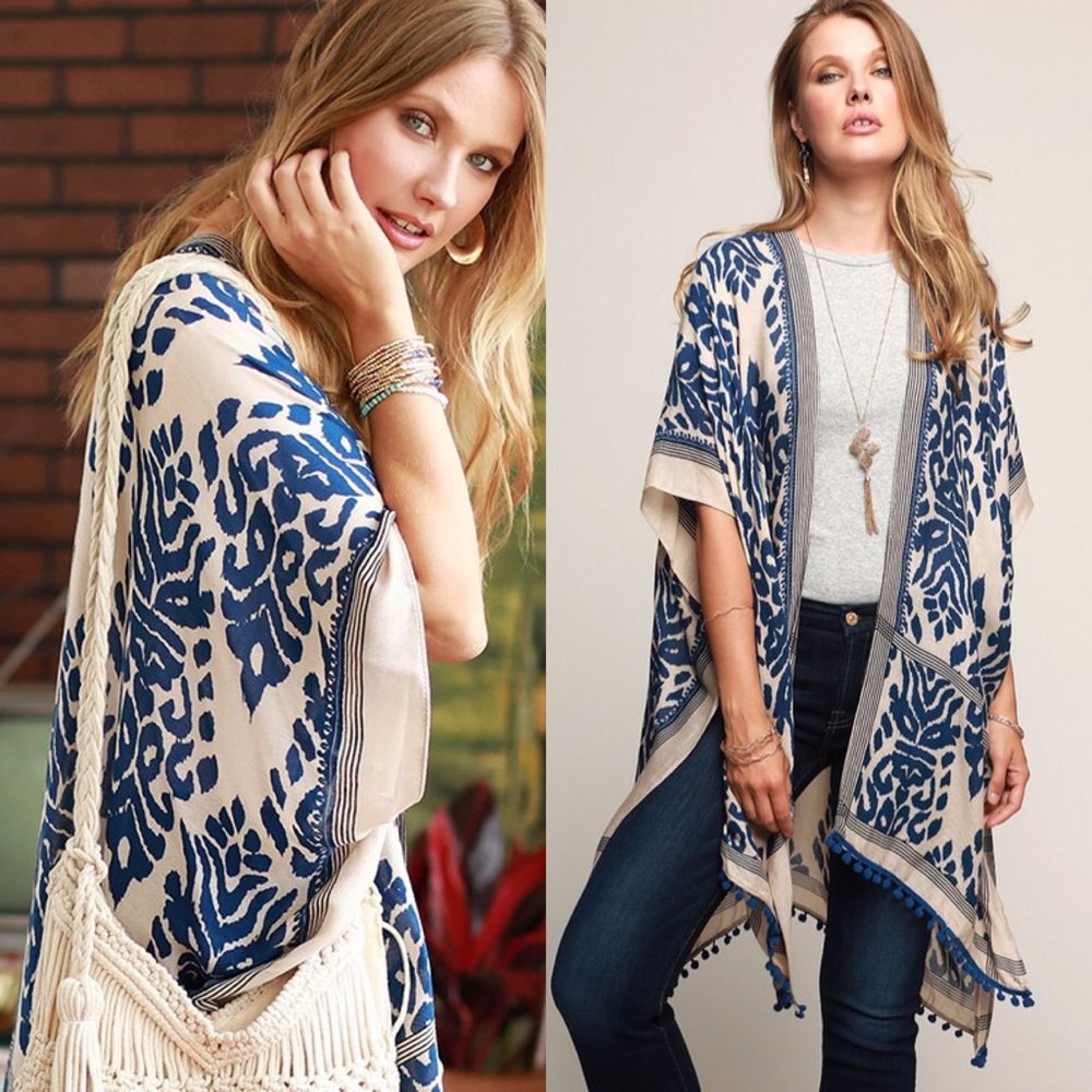 kimono Coverup Armholes Pom Pom Boho Chic - Picture 4 of 7